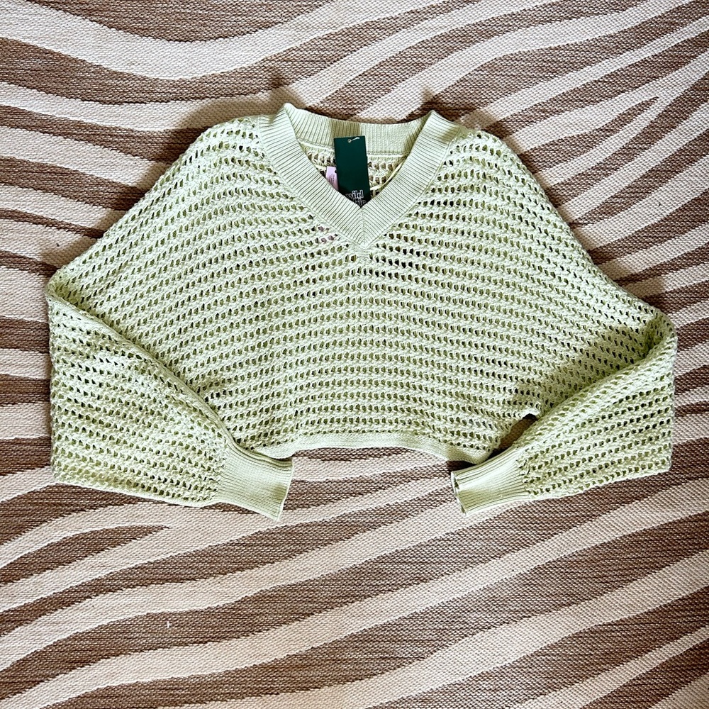 Light Green Open-Knit V-Neck Cropped Sweater NWT